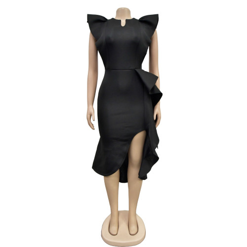 Women's solid color belt ruffled irregular dress