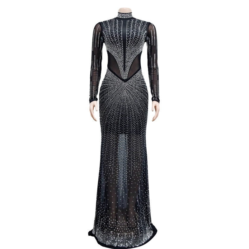 Shang Women's Solid Color Mesh Hot Diamond Long sleeved Dress