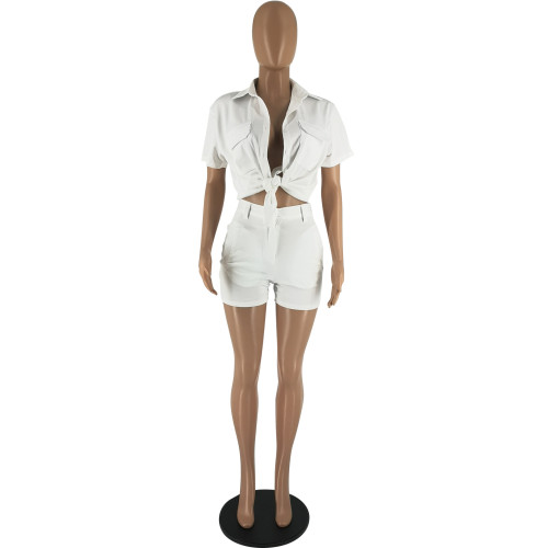 Solid color shirt buckle collar short sleeved shorts two-piece set