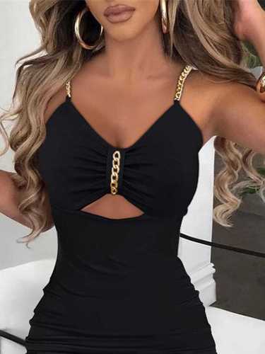 Split chain hollow wrap buttocks sleeveless V-neck women's dress