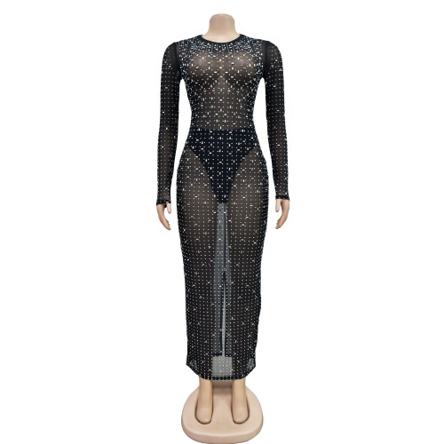 Women's solid color mesh hot diamond long sleeved dress