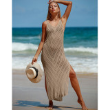 Open back V-neck solid color breathable knitted long dress beach sun protection cover up