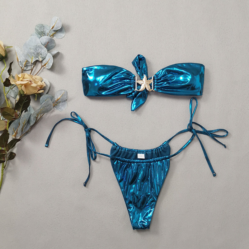 Bra cut bikini blue glossy gold starfish swimsuit