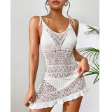 Knitted suspender with deep V-shaped perspective, sexy hollow flower skirt hem, one-piece knitted beach skirt
