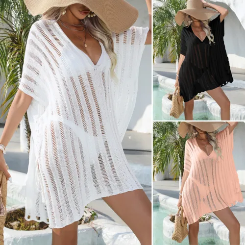 Hollow knit sweater loose bikini top with swimsuit cover