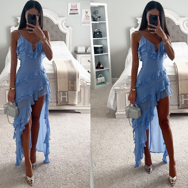 Sexy Strap Irregular Solid Color Dress