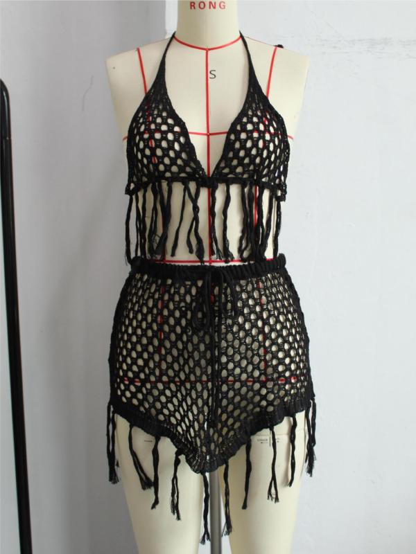 Knitted lace tassel bikini short skirt set