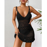 Knitted suspender with deep V-shaped perspective, sexy hollow flower skirt hem, one-piece knitted beach skirt
