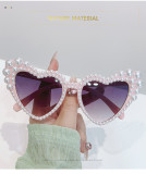 Large frame slanted heart studded pearl sunglasses