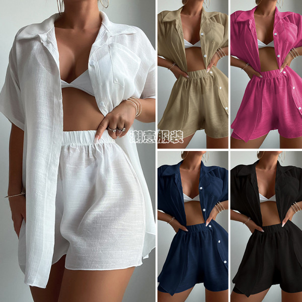 Solid color short sleeved shirt set, loose sun protection suit, swimsuit cover up