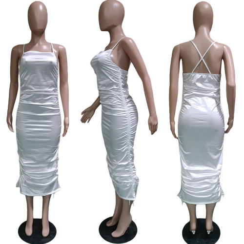 Women's elastic band women's solid color backless suspender dress