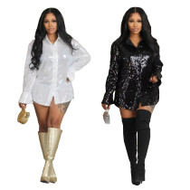 Elastic solid color sequin loose long sleeved micro flared shirt dress
