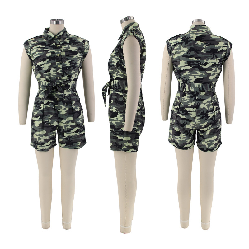 Sleeveless personalized strap camouflage sexy hollow out lapel jumpsuit