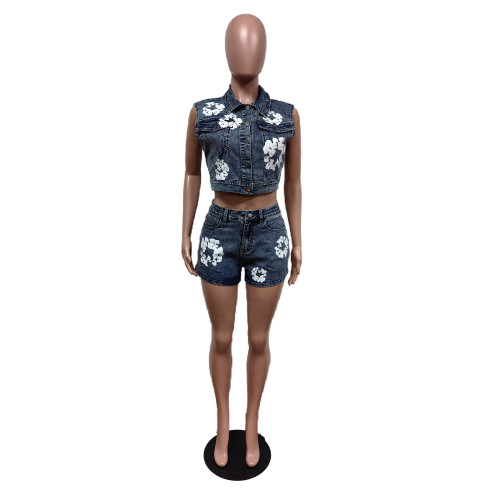 Denim printed elastic shorts set