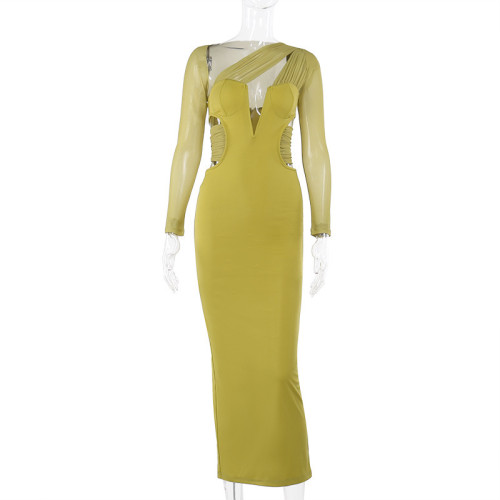 Mesh deep V-slit cardigan dress