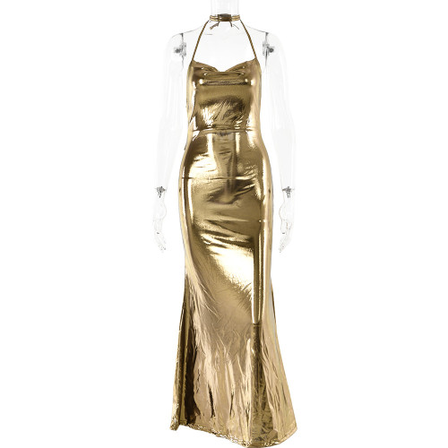 Temperament swing collar, backless strap splicing, slim fit, buttocks wrapped long skirt