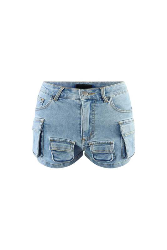 Slim fitting work bag, three-dimensional pocket, multiple elastic denim shorts