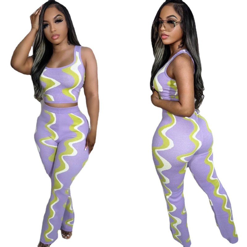 Women's sexy sleeveless positioning digital printed pit stripe two-piece set