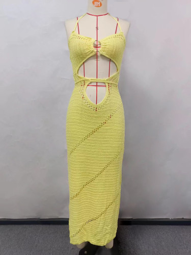 Solid color sexy knitted hollow out beach bikini swimsuit cover up