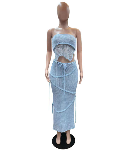 Women's sexy chest wrap, backless lace up, backless top, tassel knit set
