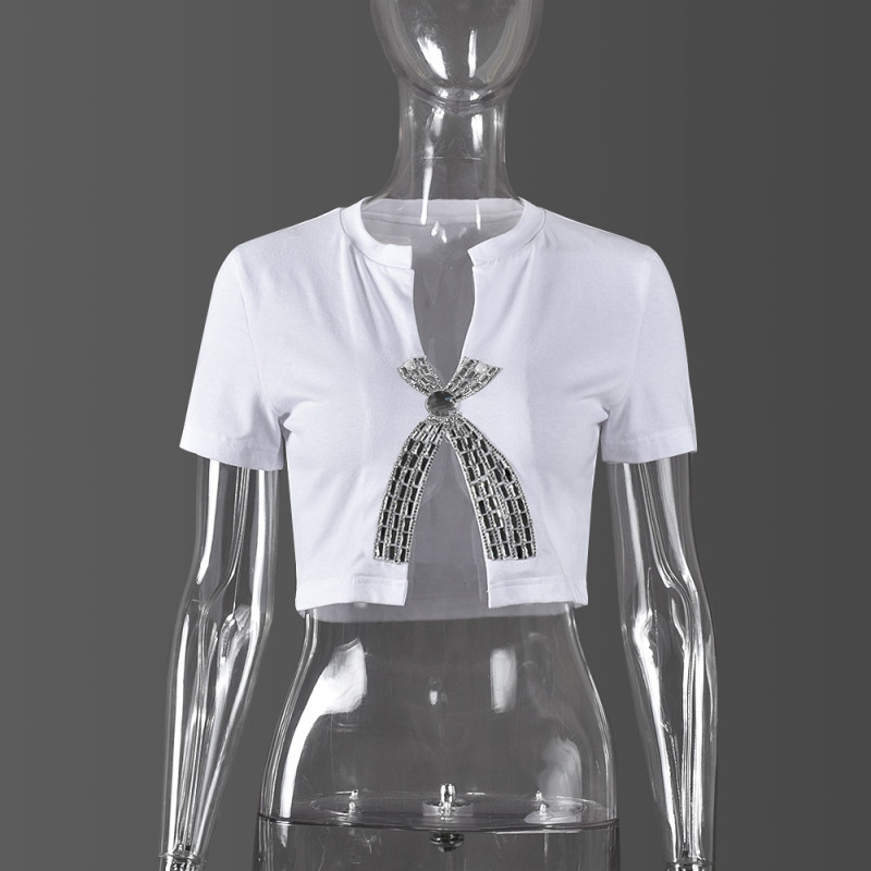 Open navel split hot diamond top T-shirt for women's clothing