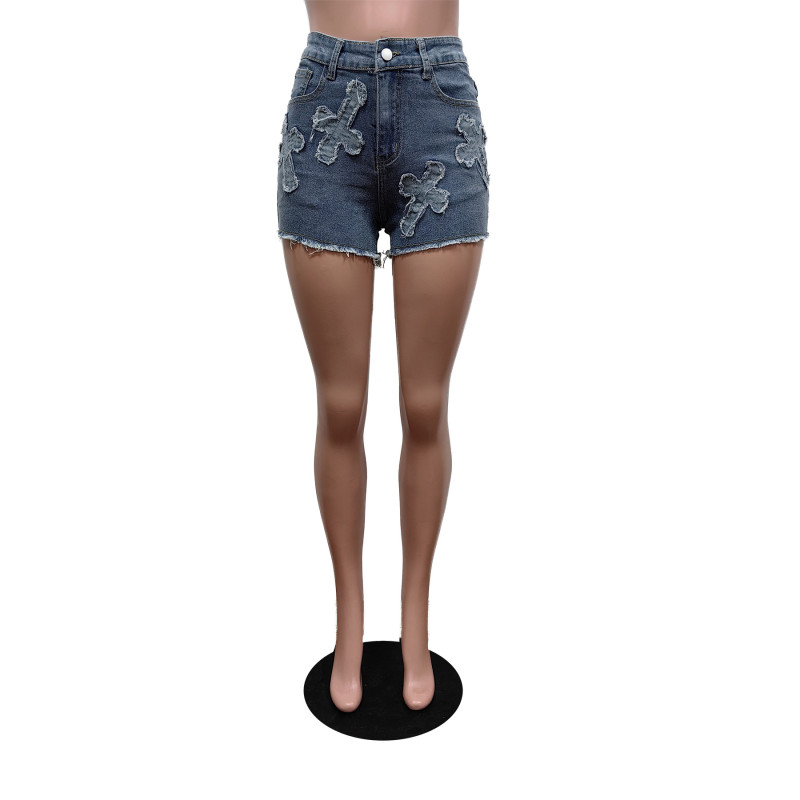 Embroidered elastic cross denim shorts