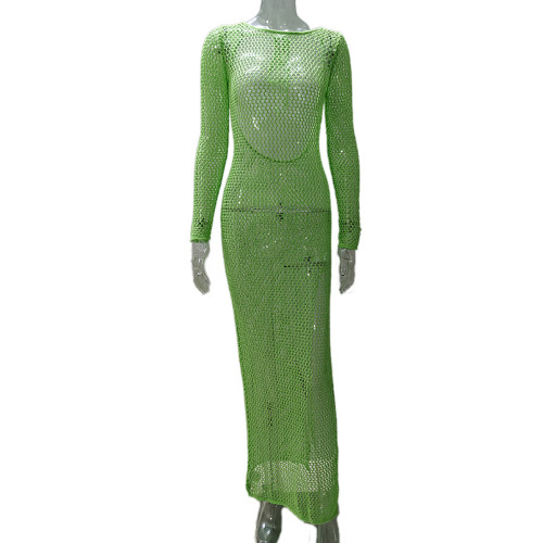 Sexy hollow out perspective vacation solid color backless knitted long skirt