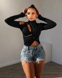 Embroidered elastic cross denim shorts