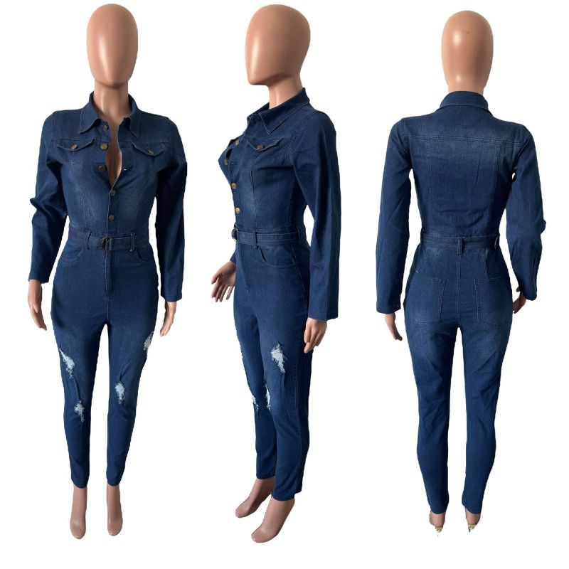 Slim fit, elastic, tight fitting, perforated, washed long sleeved denim jumpsuit