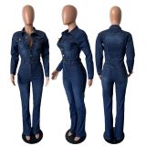 Slim fit elastic bell mouth washed long sleeved denim jumpsuit jumpsuit