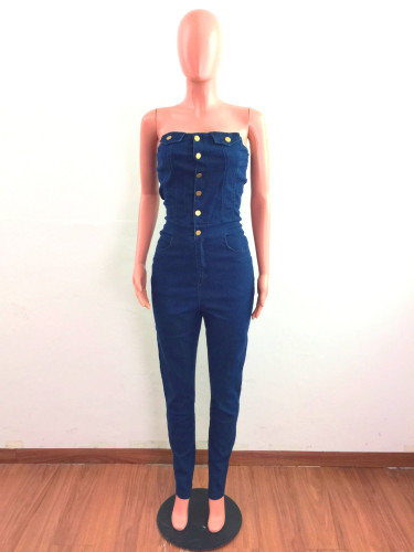 Strapless women's slim fit denim jumpsuit