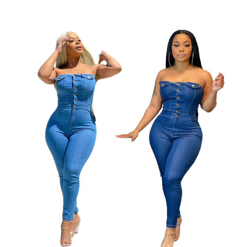 Strapless women's slim fit denim jumpsuit