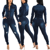 Slim fit, elastic, tight fitting, perforated, washed long sleeved denim jumpsuit