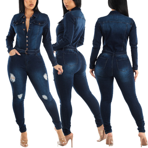 Slim fit, elastic, tight fitting, perforated, washed long sleeved denim jumpsuit