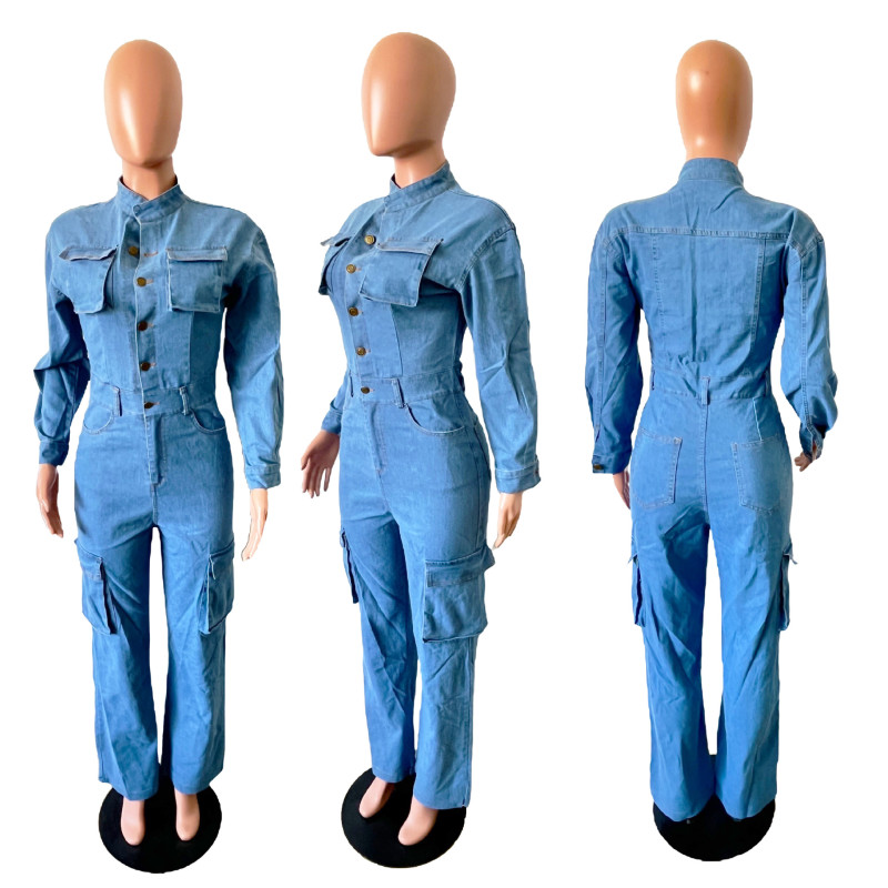 Elastic organ bag washed denim jumpsuit jumpsuit flared pants work pants