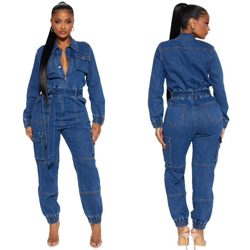 Waist collection, multiple pockets, elastic waist, denim workwear jumpsuit