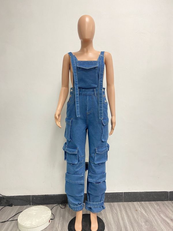 Washed denim loose multi pocket jumpsuit with shoulder straps