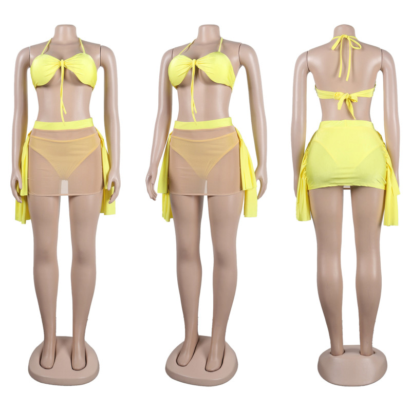 Solid color mesh splicing, perspective hanging neck strap, lace swimsuit three piece set