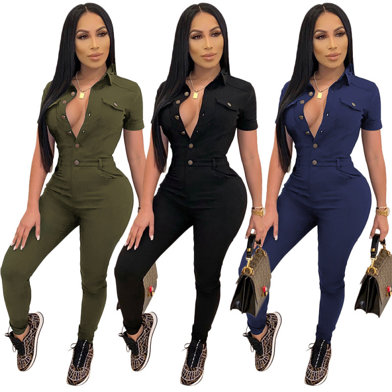Solid color lapel short sleeved single breasted jumpsuit