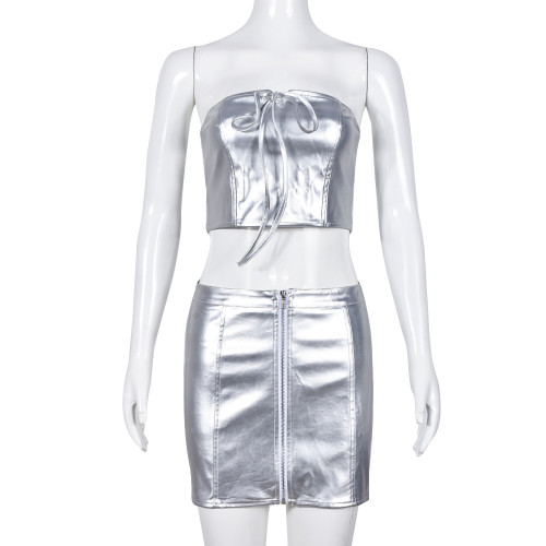 Chest wrapped, navel exposed, lace up top with high elasticity, hip wrapped skirt set