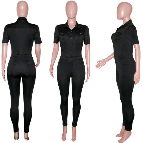 Solid color lapel short sleeved single breasted jumpsuit