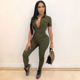 Solid color lapel short sleeved single breasted jumpsuit