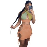 V-neck hollow lace up short skirt with patchwork color fashionable two-piece set