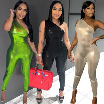 Sexy single-sided solid color pleated suspender small foot jumpsuit leather pants