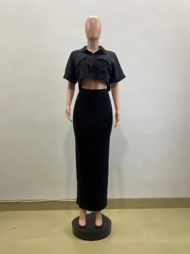 Hip wrapped skirt, shirt collar, short sleeves, navel exposed waist set