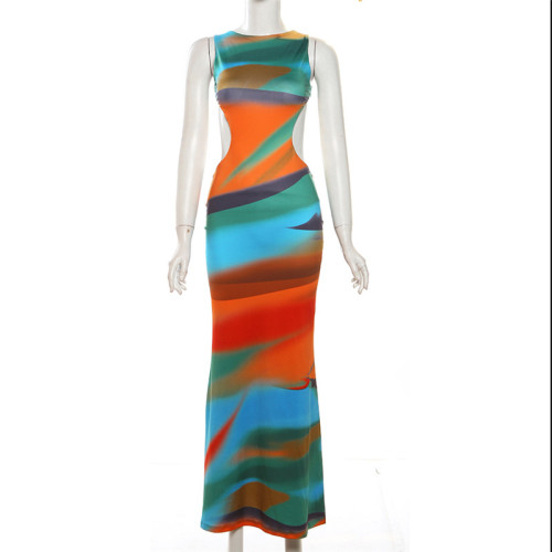 Gradient round neck sleeveless backpack hip dress