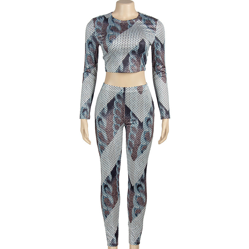Round necked long sleeved slim fit top, high waisted printed pants, women's suit