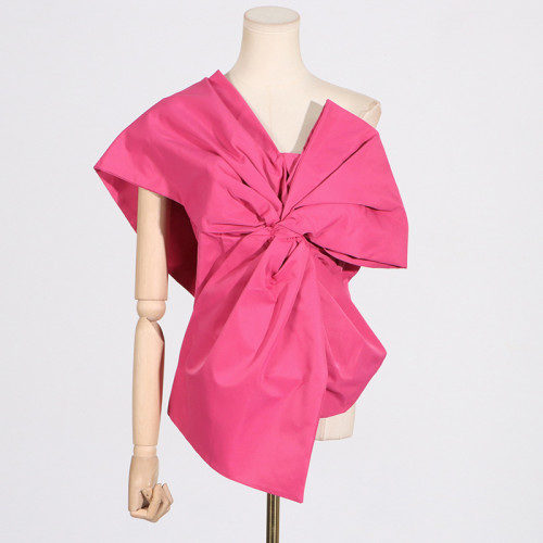 Solid color asymmetrical collar bow decoration patchwork top