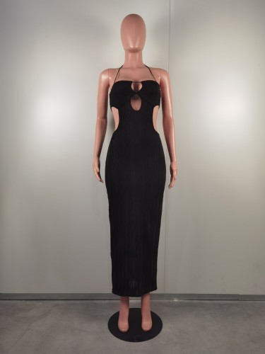 Jacquard Knitted Fabric Hanging Neck One line Neck Dress