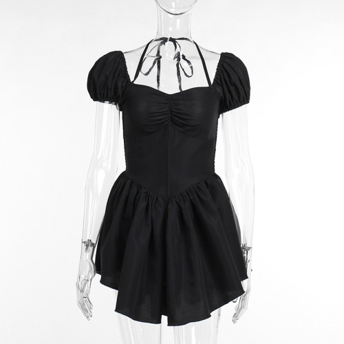 One shoulder hanging neck skirt with bubble sleeves dress